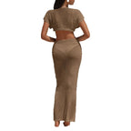Women's Crocheted Two-Piece Set with Crop Top and Maxi Skirt