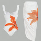 Women's Swimsuit with Elegant Floral Design and Matching Wrap Skirt