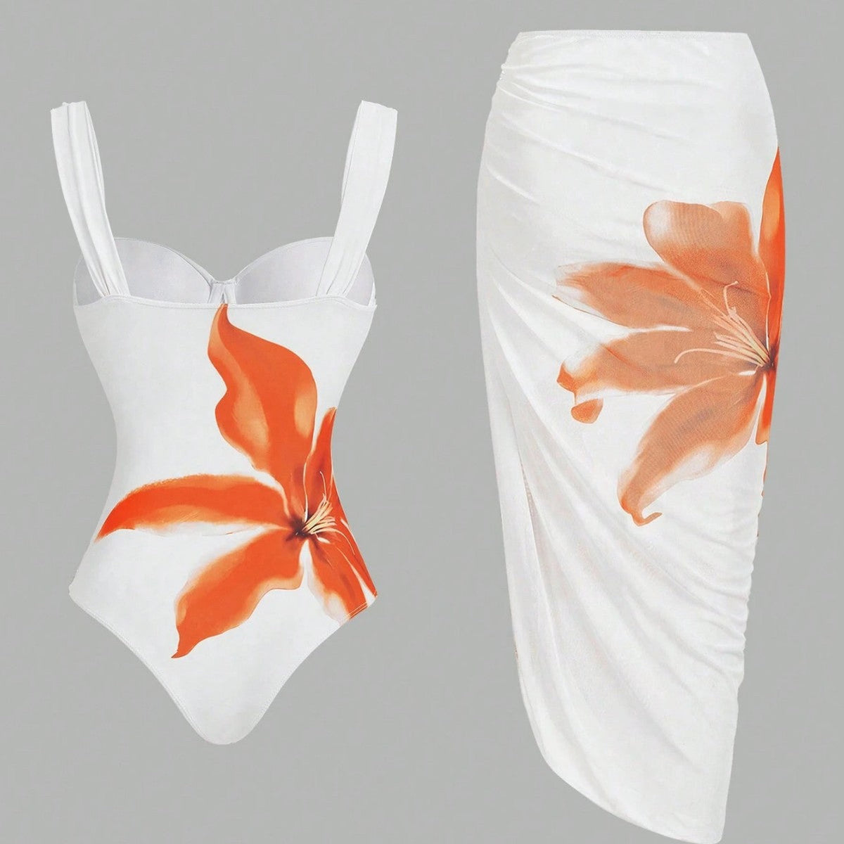 Women's Swimsuit with Elegant Floral Design and Matching Wrap Skirt