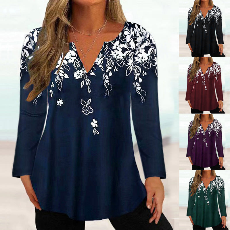 Elegant Women's Floral Blouse with V-Neck