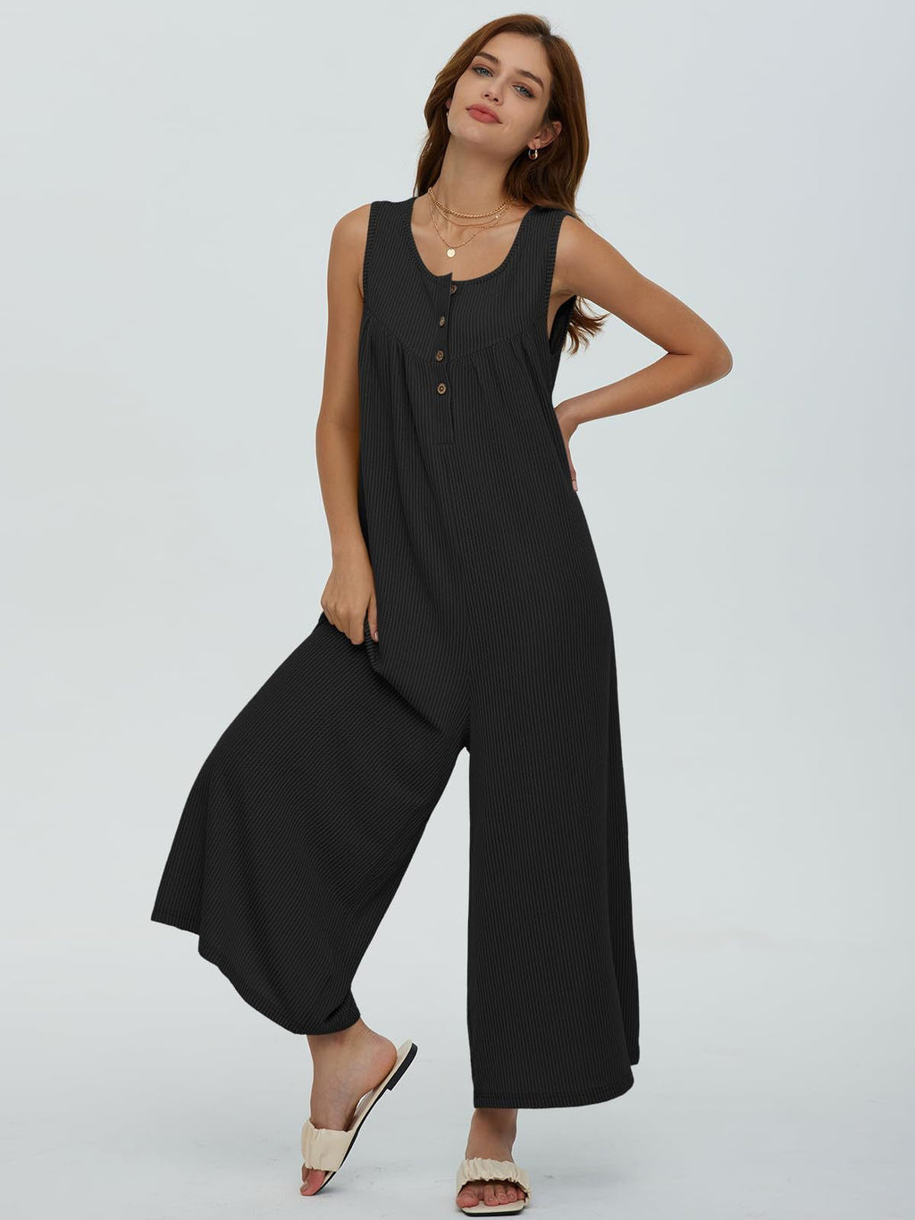 Women's Casual Overall with Deep Neckline and Pockets