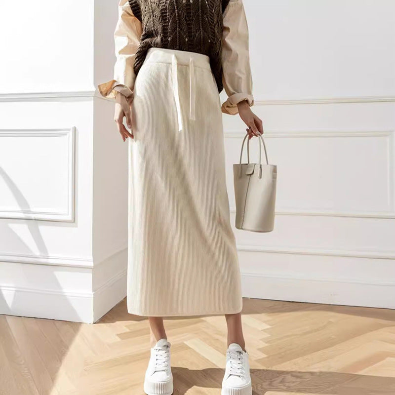 Women's Midi Skirt with Waist Tie and Ribbed Design