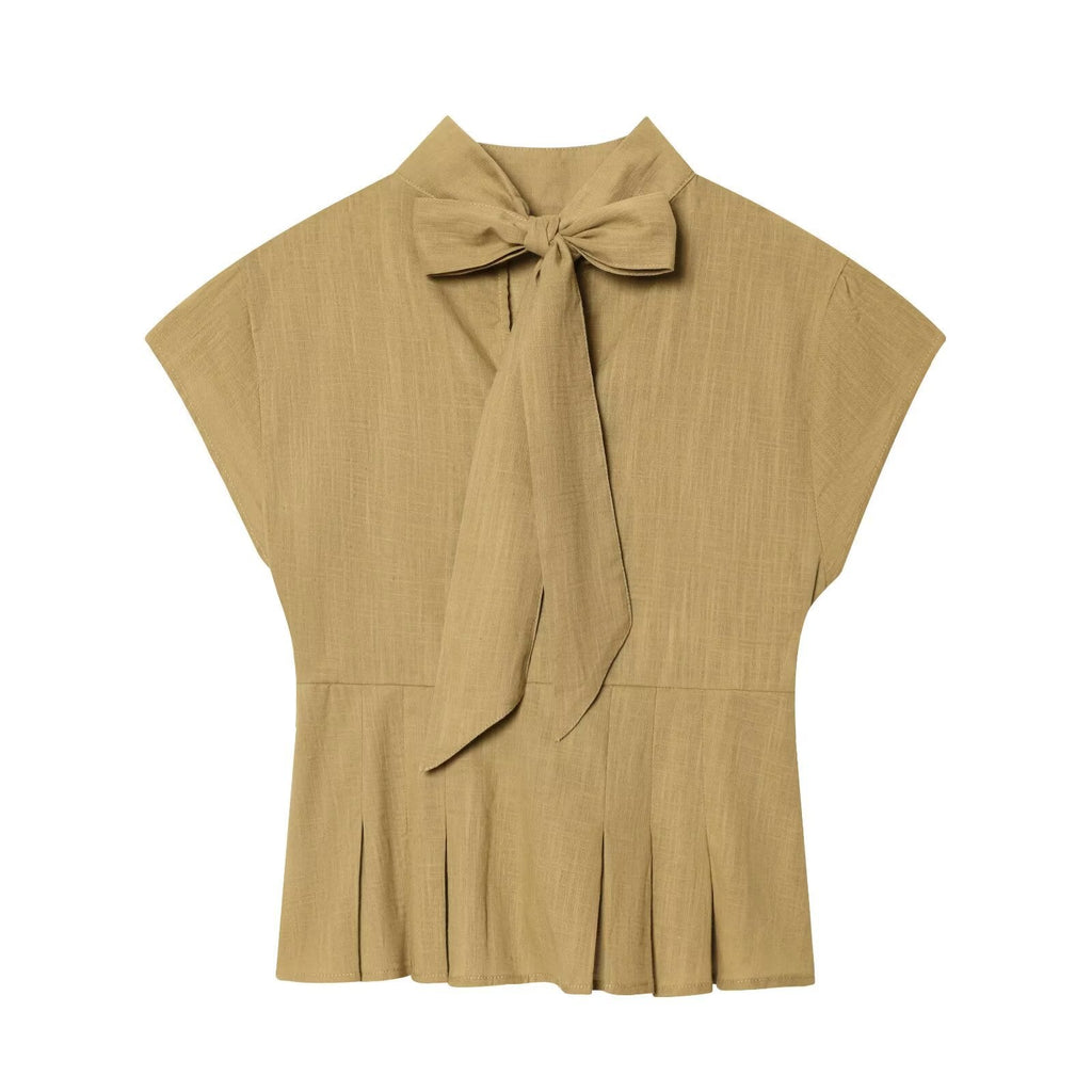 Women's Blouse with Elegant Stand-Up Collar and Pleated Details