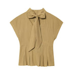 Women's Blouse with Elegant Stand-Up Collar and Pleated Details