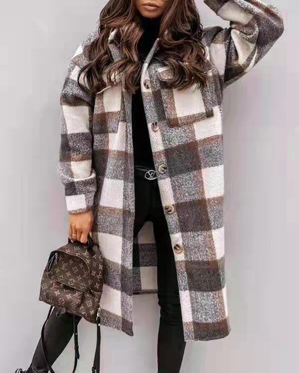 Women's Plaid Oversized Shirt Coat with Pockets