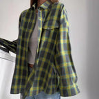 Women's Cozy Plaid Shirt with High Collar and Button Closure