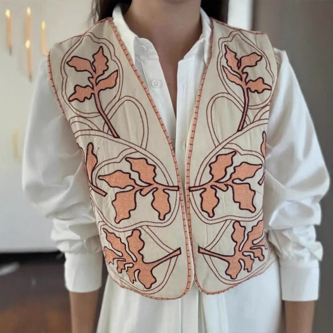 Women's Decorative Vest with Floral Embroidery