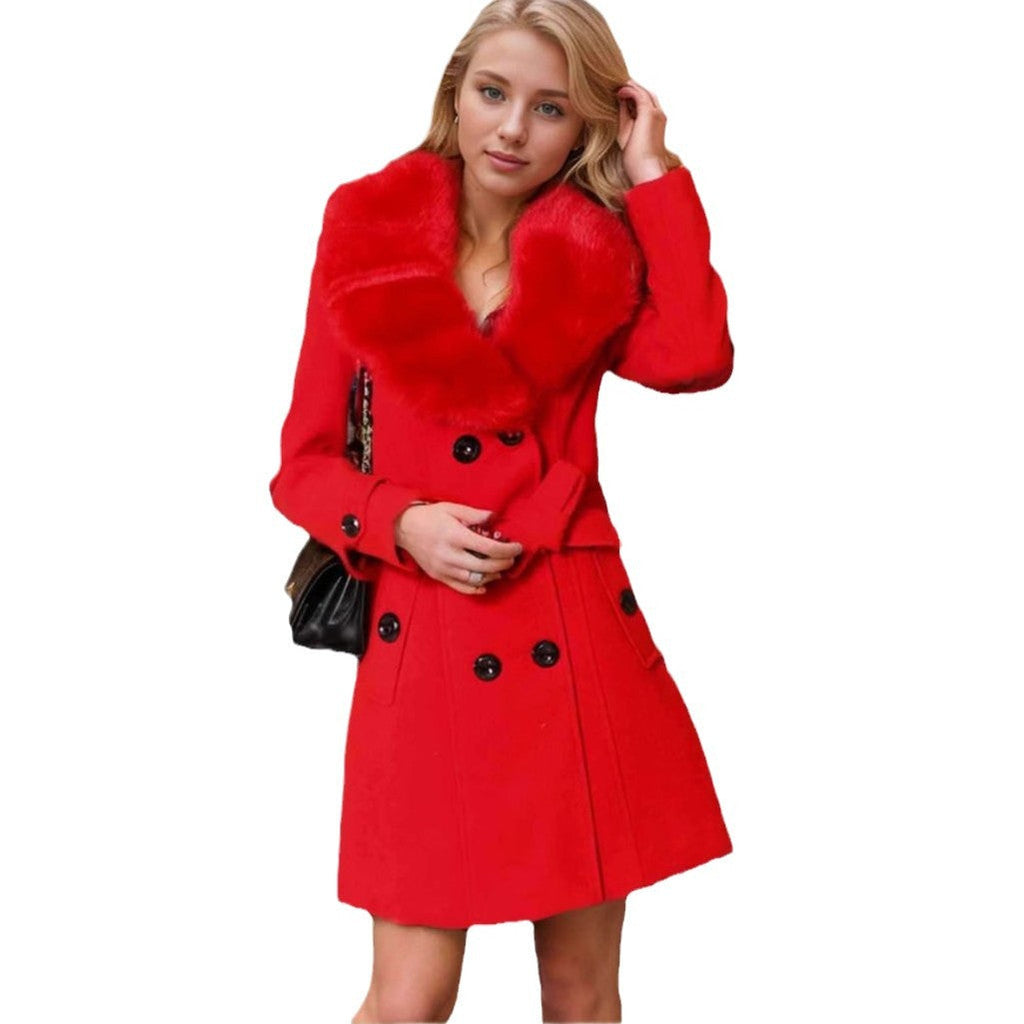 Elegant Trench Coat with Detachable Faux Fur Collar