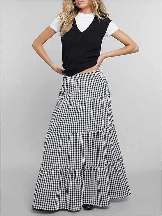 Women's Maxi Skirt with Sophisticated Plaid Pattern