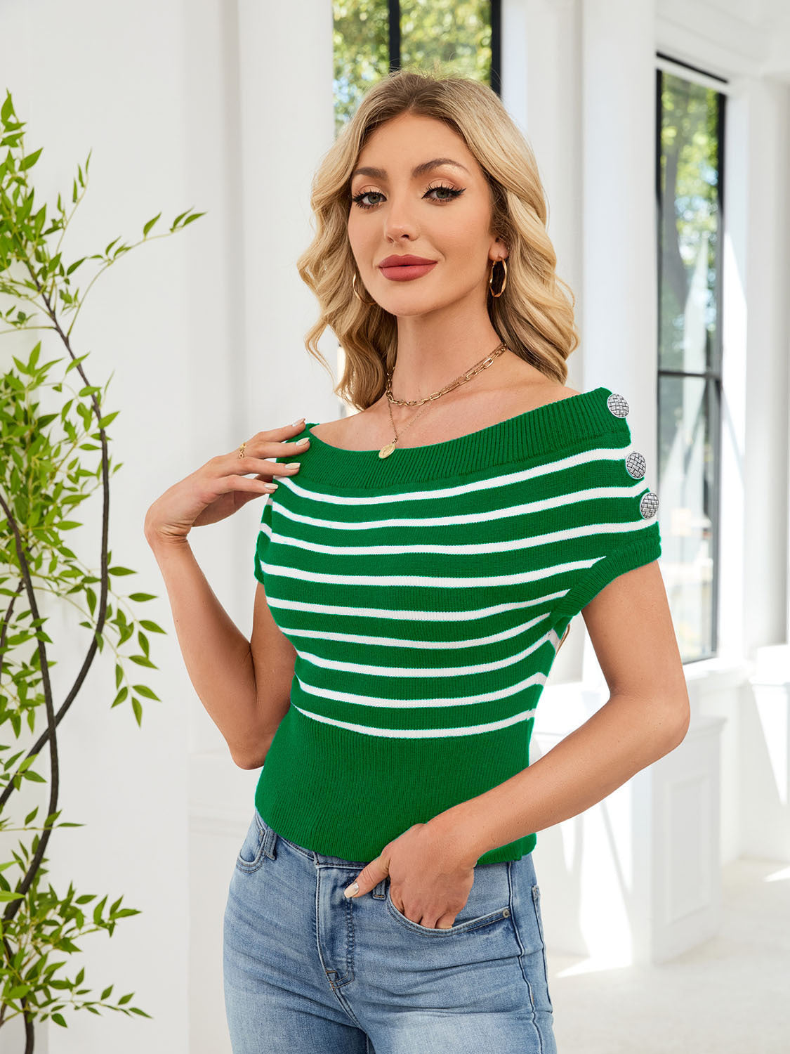 Fine Knit Sweater with Stripes and Decorative Buttons