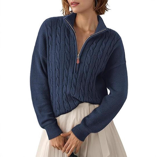 Women's Chunky Knit Sweater with Mock Neck and Half-Zip