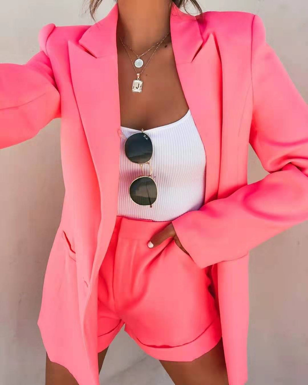 Women's Fitted Long Blazer and High-Waist Shorts Set