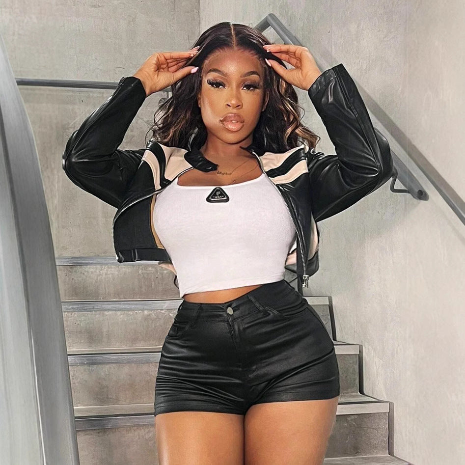 Women's Cropped Faux Leather Jacket with Sporty Decorative Details