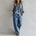 Women's Casual Lightweight Lounge Set with Off-the-Shoulder Neckline and Palazzo Pants