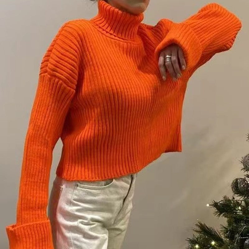 Women's High-Neck Cropped Sweater with Asymmetrical Cut