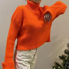 Women's High-Neck Cropped Sweater with Asymmetrical Cut