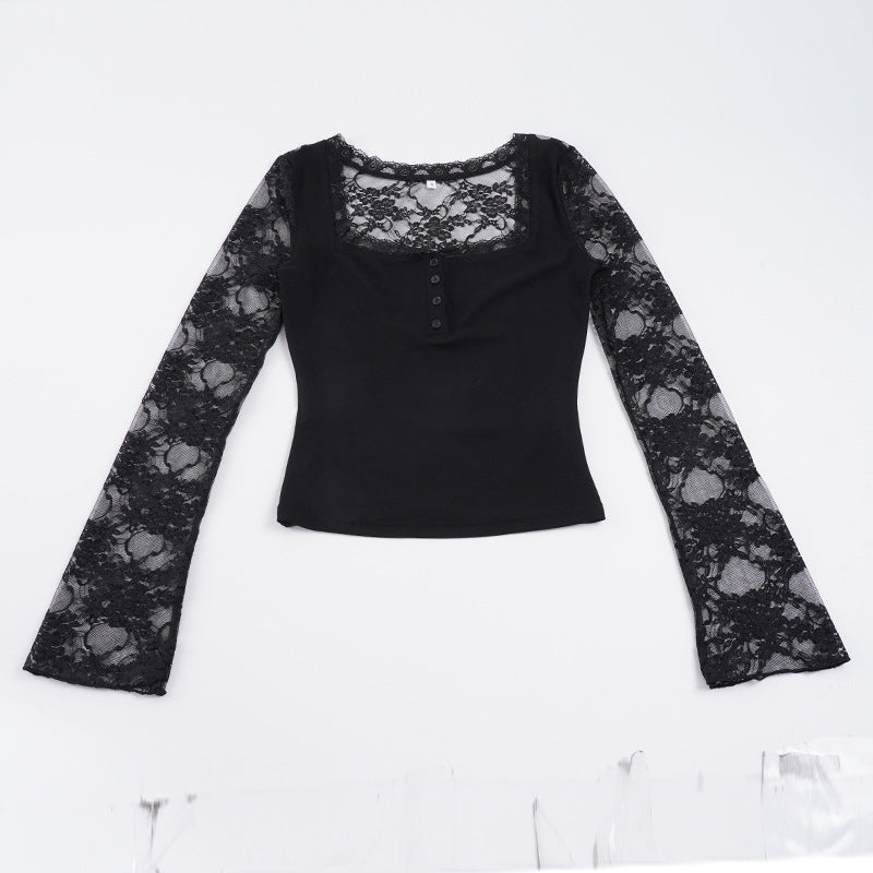 Women's Elegant Long-Sleeve Shirt with Lace and Button Details