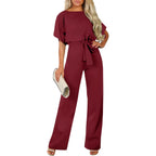 Long Jumpsuit with Tie Belt and Cap Sleeves