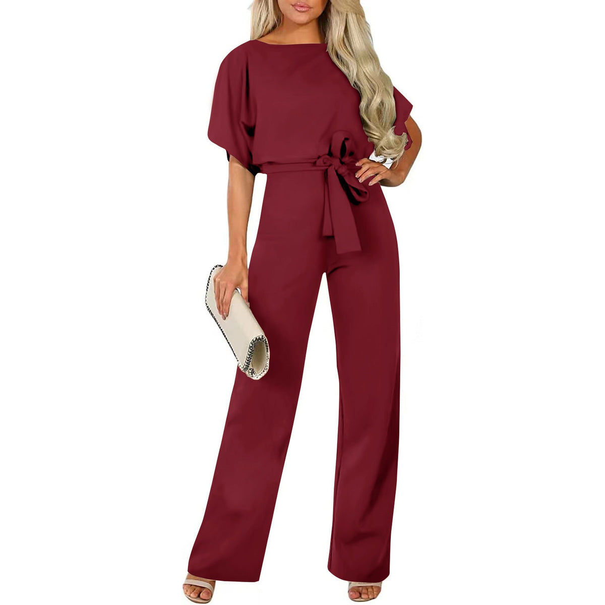 Long Jumpsuit with Tie Belt and Cap Sleeves
