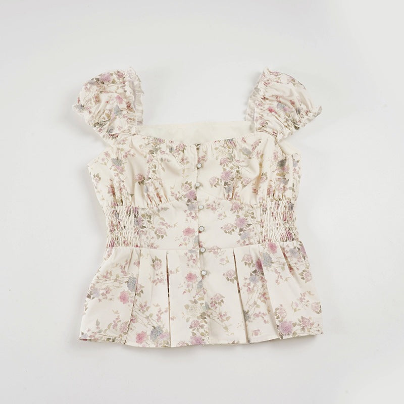 Women's Blouse with Floral Design and Ruffled Sleeves