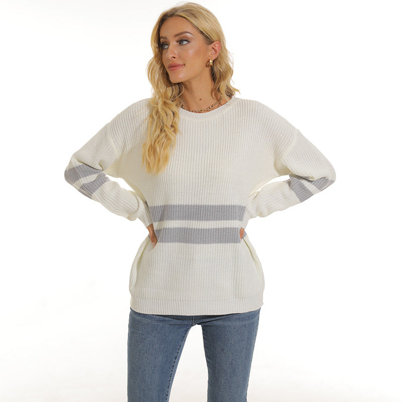 Women's Chunky Knit Sweater with Sporty Stripe Pattern and Loose Fit