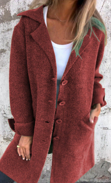 Women's Elegant Wool Jacket with Full Button Placket and Spacious Pockets