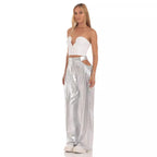 Women's High-Waist Baggy Trousers with Cut-Out Details and Shiny Finish