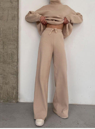 Women's Elegant Knit Loungewear Set with High Neck and Wide Leg