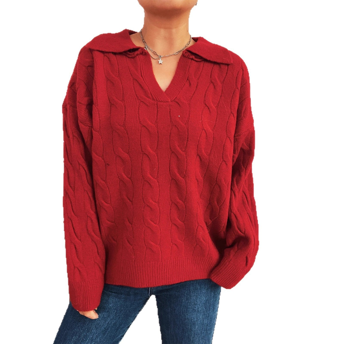 Women's Chunky Knit Sweater with Colorful Cable Design and Classic Collar