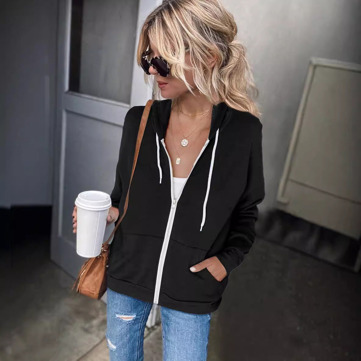 Women's Comfortable Hoodie with Zipper and Side Pockets