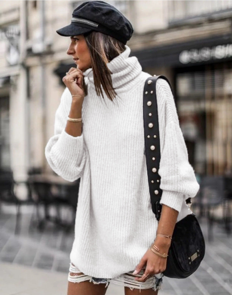 Women's Chunky Knit Sweater with High Collar and Casual Fit