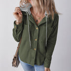 Women's Hooded Blouse with Textured Fabric and Practical Button Details