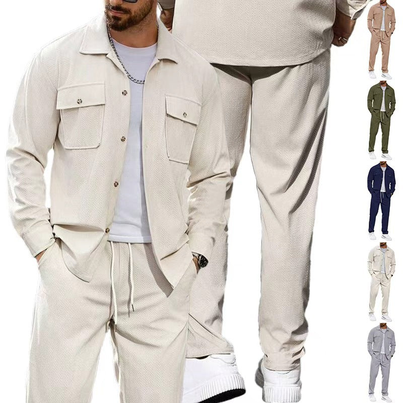 Men's Casual Two-Piece Shirt Jacket and Drawstring Pants Set