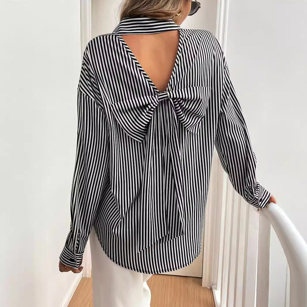 Women's Long Sleeve Striped Blouse with Back Detail
