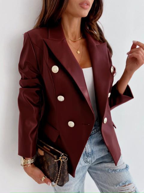 Women's Elegant Double-Breasted Faux Leather Blazer