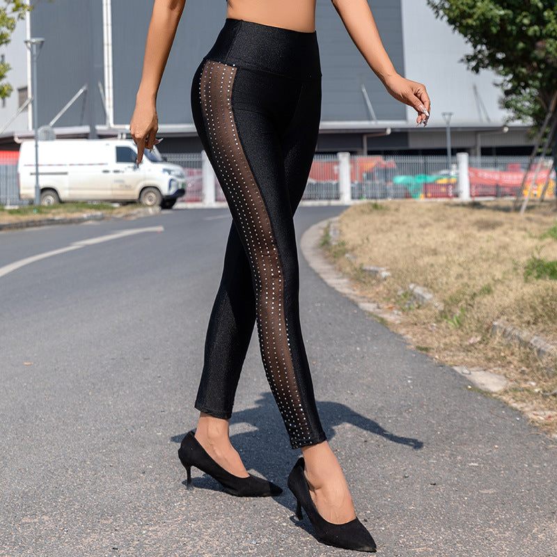 Women's High-Gloss Leggings with Transparent Mesh Inserts and Rhinestone Detail