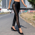 Women's High-Gloss Leggings with Transparent Mesh Inserts and Rhinestone Detail