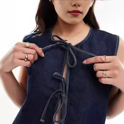 Denim Vest with Innovative Lace-Up Closure