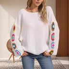 Women's Striped Knit Sweater with Floral Appliqués