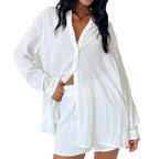 Women's Loungewear Set with Casual Button-Up Blouse and Comfortable Shorts