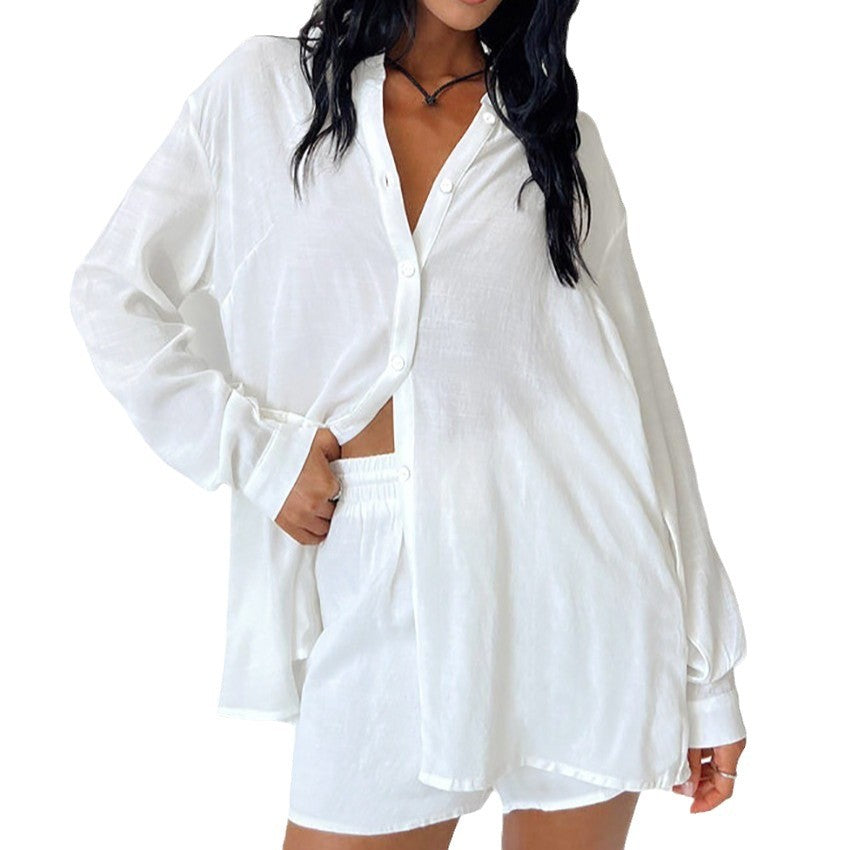 Women's Loungewear Set with Casual Button-Up Blouse and Comfortable Shorts