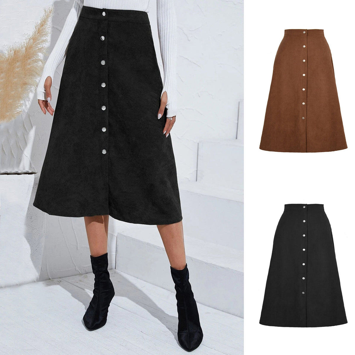 Textured Corduroy Maxi Skirt with Button Detail