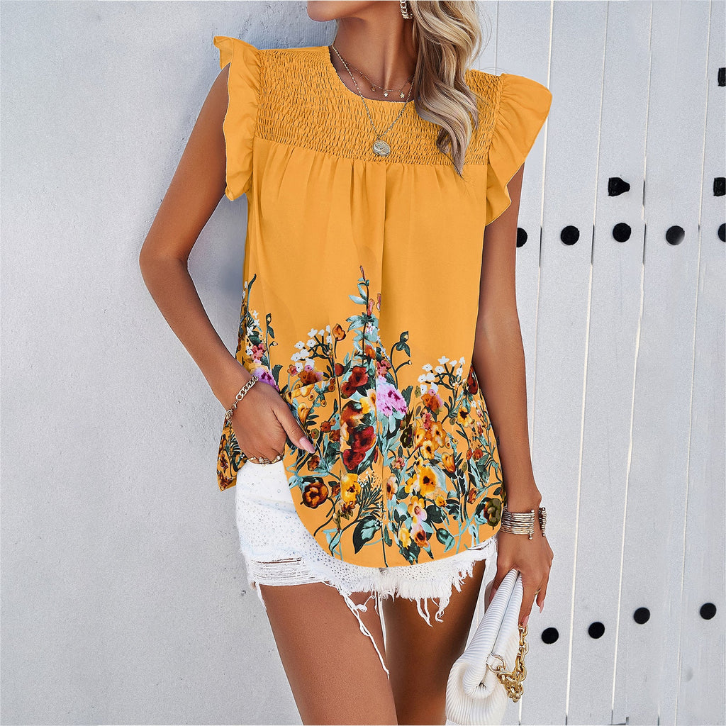 Women's Blouse with Floral Accents and Ruffle Details