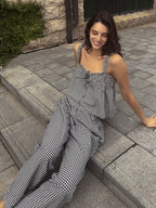 Flowy Summer Jumpsuit with Plaid Pattern and Adjustable Straps