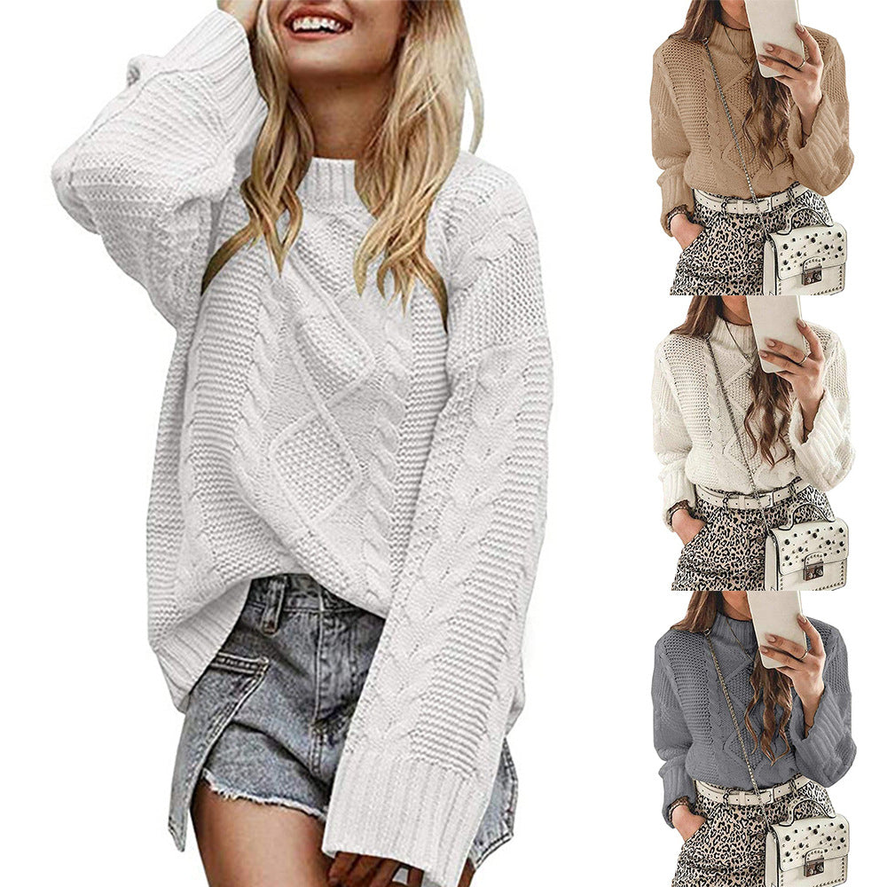 Women's Chunky Knit Sweater with Textured Stitching and High Collar