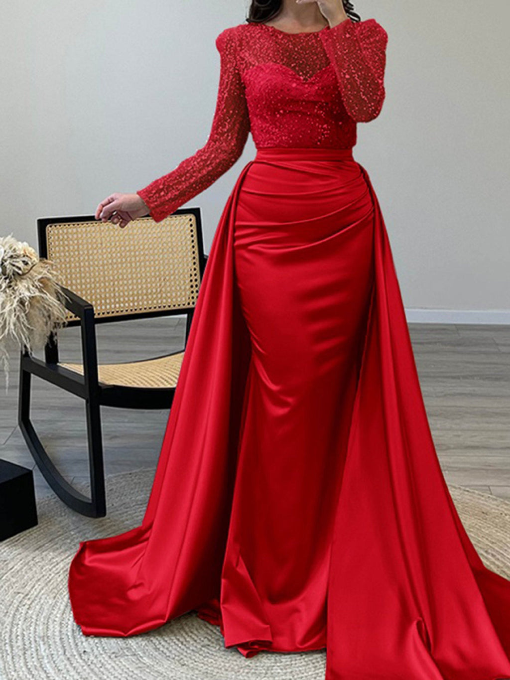 Women's Evening Dress with Sequined Bodice and Satin Skirt