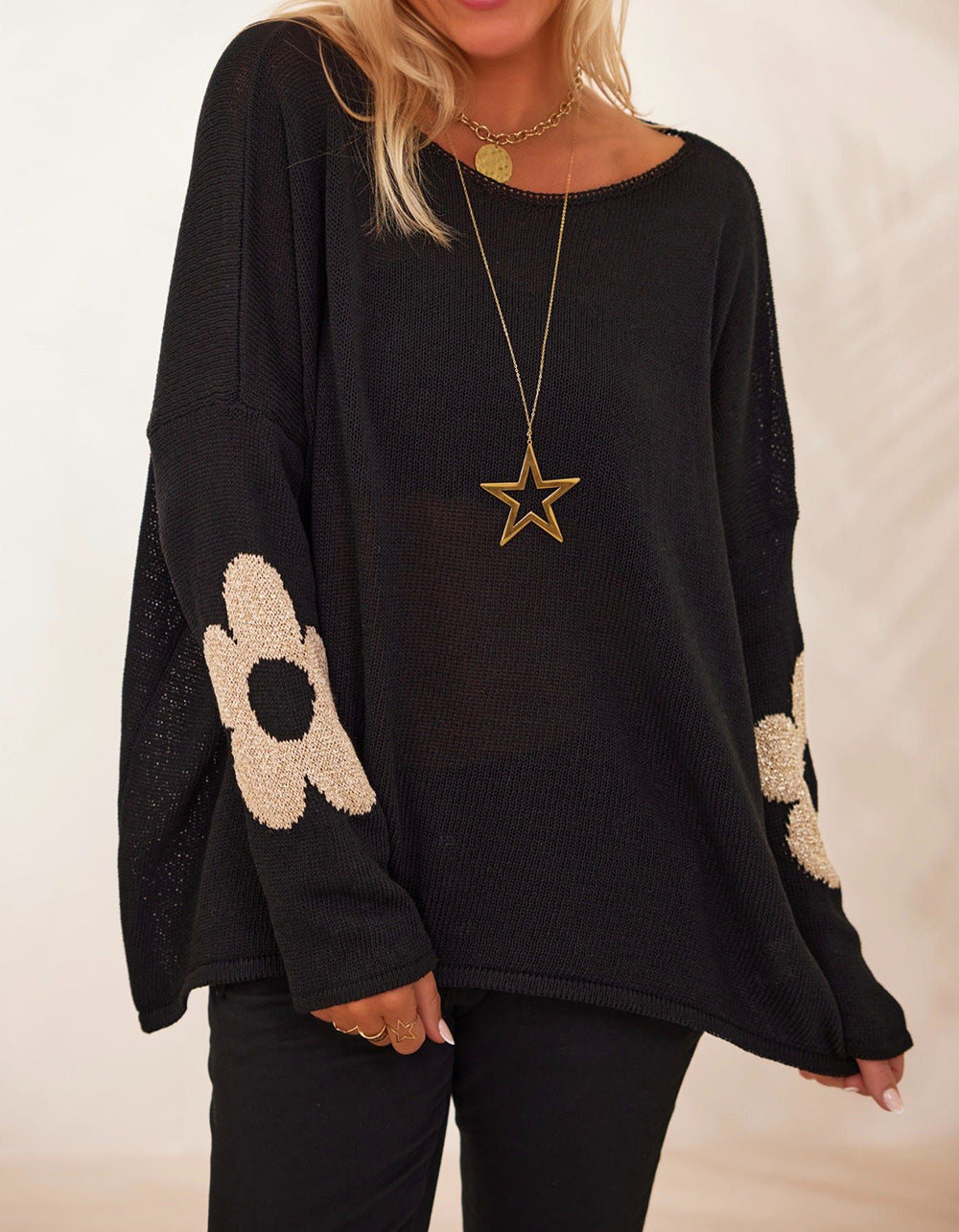 Women's Chunky Knit Sweater with Floral Design and Wide Fit