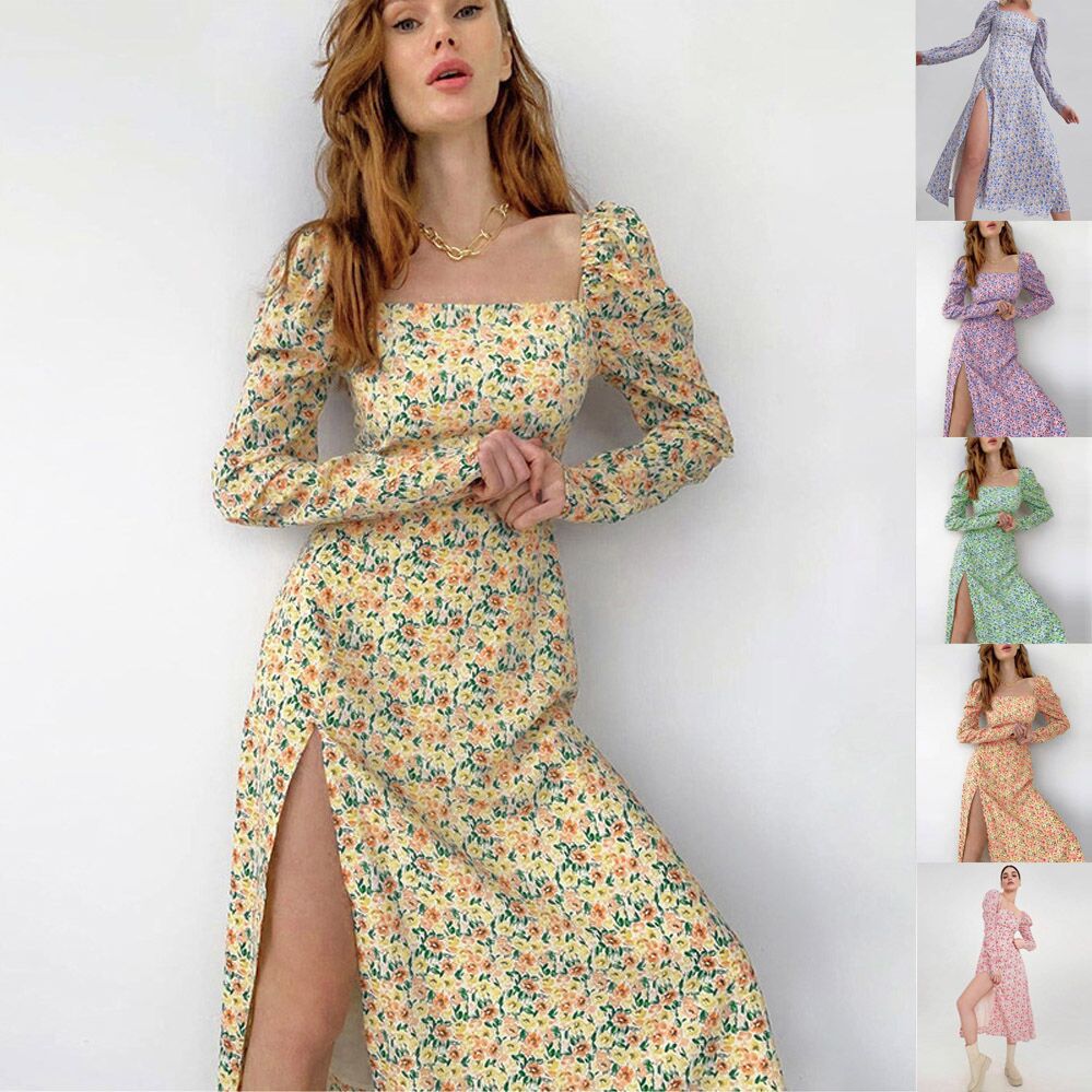 Women's Floral Maxi Dress with Asymmetric Slit and Puff Sleeves