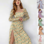Women's Floral Maxi Dress with Asymmetric Slit and Puff Sleeves