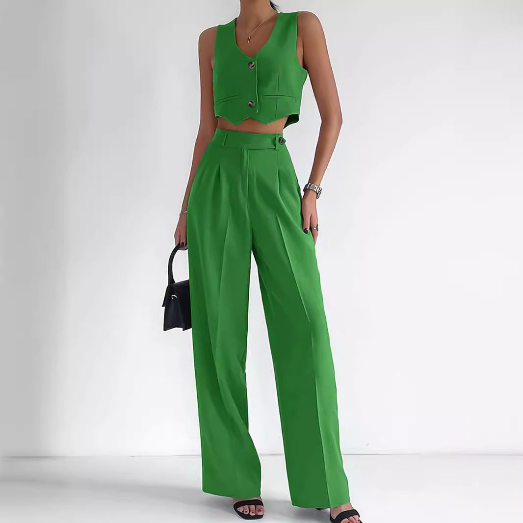 Women's Fashionable Two-Piece Set with Sleeveless Cropped Top and Wide-Leg Trousers